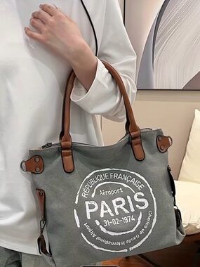 Paris Stamp Canvas Tote Bag in Gray with Brown Handles